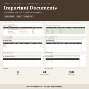 May include: A digital document organisation system for Google Sheets and Excel titled Important Documents. It includes a 21-step checklist, document index, vital records, renewal calendar, access logs, and storage locations across 9 tabs and 150 rows.