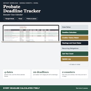 Può includere: Un modello di foglio di calcolo digitale Probate Deadline Tracker per Google Sheets ed Excel. L'interfaccia mostra un calendario dei casi con colonne per scadenze, date di ancoraggio e stato. Include pulsanti per Case Setup, Deadline Calculator e Creditor Claims Watch, oltre a riquadri di riepilogo per date, scadenze e contatori.