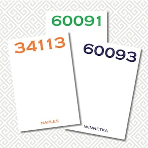 May include: Three white rectangular cards with different colored numbers: 60091 in green, 34113 in orange with "NAPLES" below, and 60093 in navy with "WINNETKA" below. The background has a repeating geometric pattern.