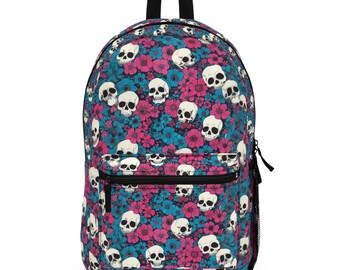 Rucksack mit Totenköpfen und Blumen