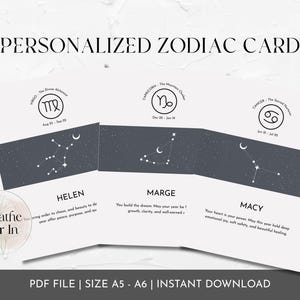 Personalized Zodiac Gift Cards with Rituals and Affirmations | Constellation Theme | Instant Download