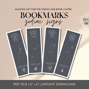 Zodiac Sign Bookmark with Constellation Art, Elements & Inspirational Quote – Printable PDF Download Gift