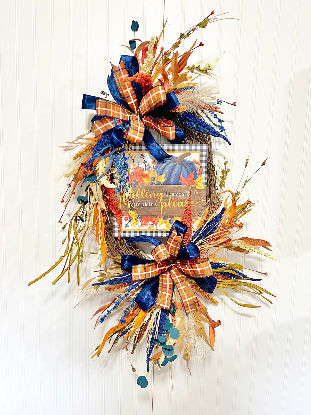 Orange and Blue Fall Grapevine Wreath, Autumn Front Door Decor - Etsy