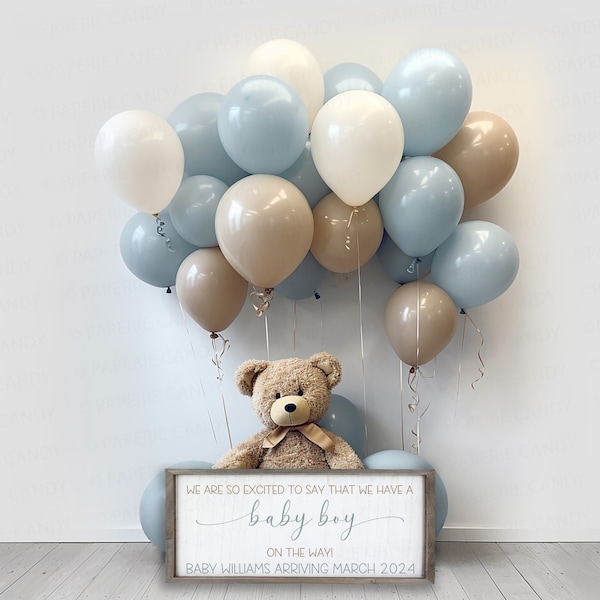 It's A Boy Digital Pregnancy Announcement, A Little Brother On The Way, Social Media Reveal Email Text, Bear Balloons, Digital Pregnancy