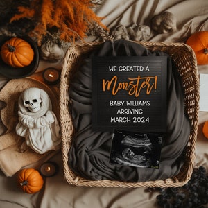 Halloween Digital Pregnancy Announcement, We Created A Monster Announcement, Social Media Reveal, Email Text, Digital Pregnancy Announcement