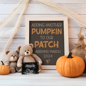 Anúncio digital de gravidez no outono, revelação do bebê nas redes sociais, adição de uma abóbora ao nosso adesivo, anúncio digital de gravidez no outono