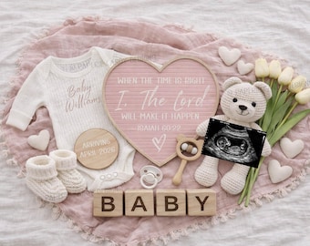 Bible Verse Pregnancy Announcement Pink Girl, Isaiah 60:22 Tulips Baby Reveal, Christian Dusty Pink Girl Digital Template