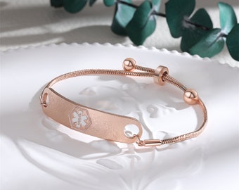 Custom Rose Gold Women medical bracelet, economic medical bracelet, diabetes, Hypertension bracelet,Emergency bracelet,Medical ID bracelet