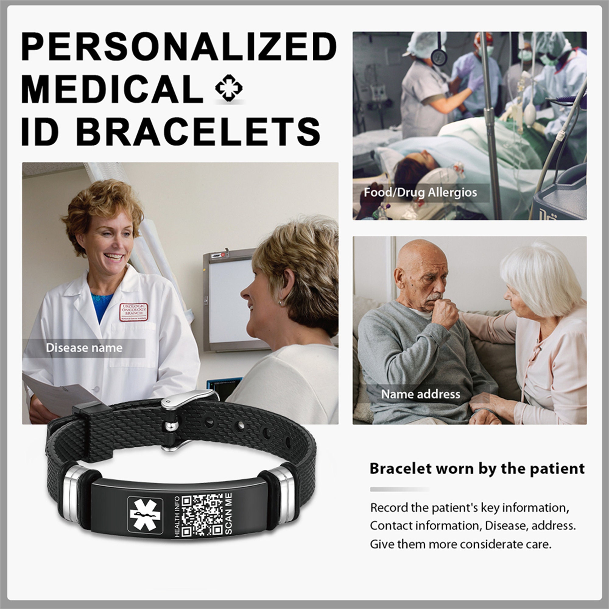 Personalized QR Code Medical Alert Bracelet,medical ID Bracelets,custom