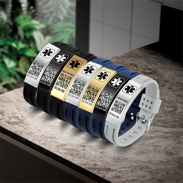 QR-Code Medizinischer Alarm Silikon-Armband, Notfall SOS Sanitäter ID Name Schmuck, Edelstahl wasserdichte einstellbare Uhr Unisex, 7 Styles