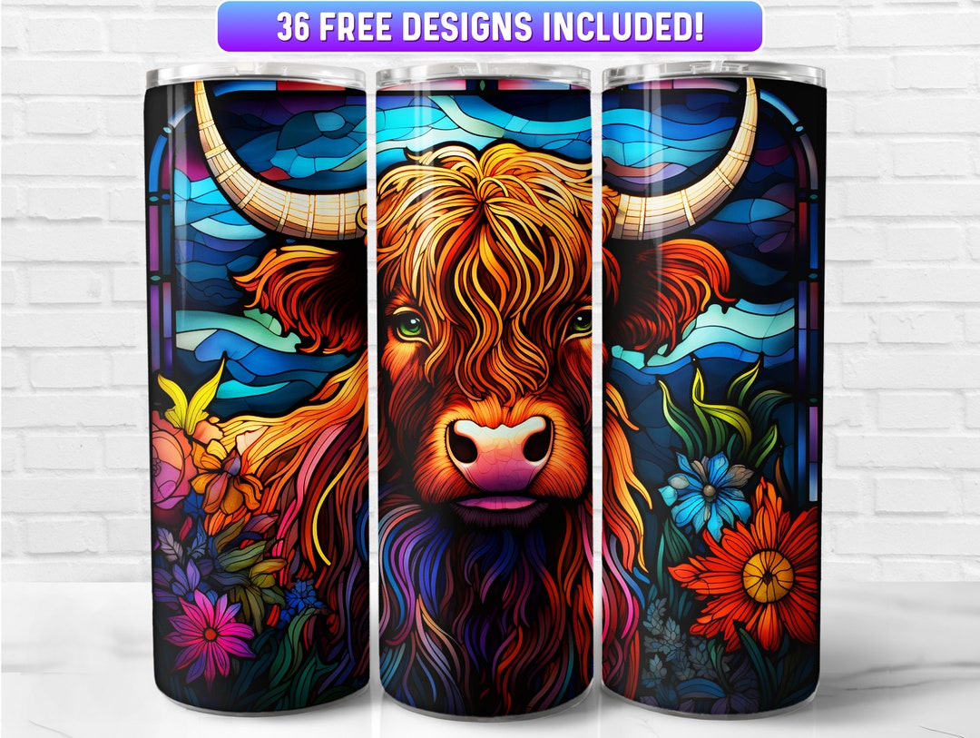 Stained Glass Highland Cow Tumbler Wrap PNG Design, Highland Cattle ...