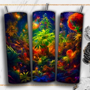 Può includere: Un design psichedelico colorato con una foresta di piante e funghi luminosi. Il design è stampato su un bicchiere in acciaio inossidabile con coperchio e cannuccia.