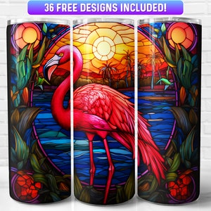Stained Glass Flamingo Tumbler Wrap PNG Design, Flamingo 20oz & 30oz Skinny Tumbler Sublimation, Instant Download (+36 Free Designs)