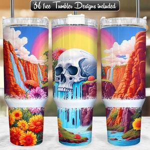 May include: Three stainless steel tumblers with a white handle and lid. The tumblers feature a colorful design of a skull with waterfalls and flowers. The text "36 free Tumbler Designs included" is at the top of the image.