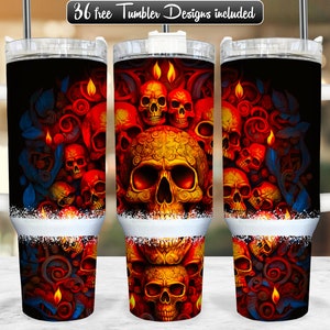 Burning Skulls 40oz Tumbler Wrap PNG Design, Skull 40oz Quencher Tumbler Sublimation Wrap, 40 oz Tumbler PNG, Instant Download