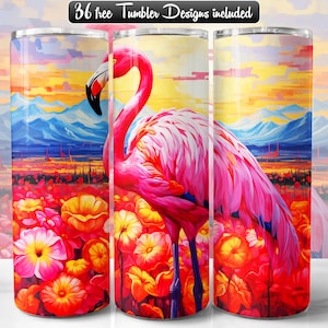 Flamingo Tumbler Wrap PNG Design, Flamingo 20oz & 30oz Skinny Tumbler Sublimation, Instant Download (+36 Free Designs)