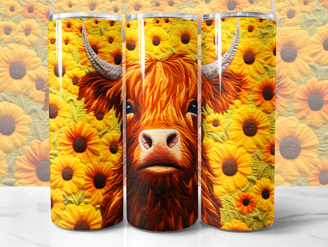 Sunflower 3D Highland Cow Tumbler Wrap PNG Design, 3D Sublimation ...