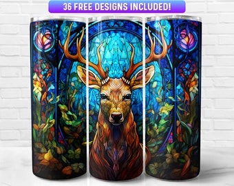 Stained Glass Deer Tumbler Wrap PNG Design, Deer 20oz & 30oz Skinny Tumbler Sublimation, Instant Download (+36 Free Designs)