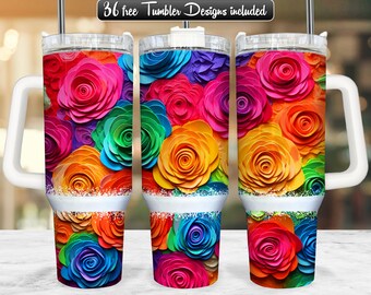 Colorful Roses 40oz Tumbler Wrap PNG Design, Rose 40oz Quencher Tumbler Sublimation Wrap, 40 oz Tumbler PNG, Instant Download