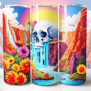 May include: A stainless steel tumbler with a colorful illustration of a skull with a waterfall flowing from its mouth. The background features a vibrant landscape with red cliffs, green foliage, and a blue sky with clouds.