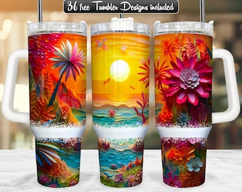 3d Beach 40oz Tumbler Wrap PNG Diseño, Beach 40oz Quencher Tumbler Sublimation Wrap, 40 oz Tumbler PNG, Descarga instantánea