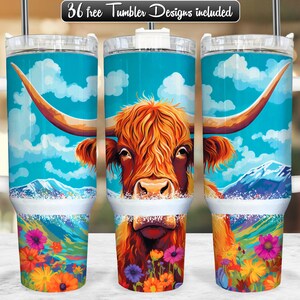 Highland Cow 40oz Tumbler Wrap PNG Design, Highland Cattle 40oz Quencher Tumbler Sublimation Wrap, 40 oz Tumbler PNG, Instant Download