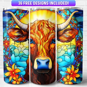 Stained Glass Cow Tumbler Wrap PNG Design, Cow 20oz & 30oz Skinny Tumbler Sublimation, Instant Download (+36 Free Designs)