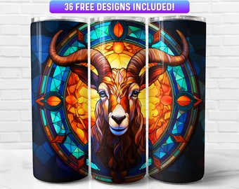 Stained Glass Goat Tumbler Wrap PNG Design, Goat 20oz & 30oz Skinny Tumbler Sublimation, Instant Download (+36 Free Designs)