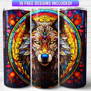 Stained Glass Wolf Tumbler Wrap PNG Design, Wolf 20oz & 30oz Skinny Tumbler Sublimation, Instant Download (+36 Free Designs)