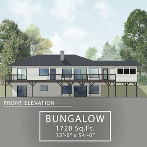 May include: A white bungalow house with a black roof and a large deck. The house has a total of 1728 square feet and measures 32 feet by 54 feet.