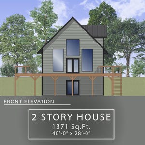 Op de afbeelding: Een vooraanzicht van een huis met twee verdiepingen met een terras en een trap. Het huis is grijs met zwarte ramen en een zwart dak. De tekst "FRONT ELEVATION", "2 STORY HOUSE", "1371 Sq.Ft.", en "40'-0" x 28'-0" " is in de afbeelding opgenomen.