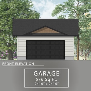Op de afbeelding: Een witte garage met een zwarte garagedeur. De garage is 576 vierkante voet en meet 24 voet bij 24 voet.