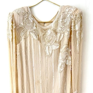 Vintage Oleg Cassini Seide Pailletten Perlen Abendkleid Größe 14 Blush Rosa 1980er Jahre