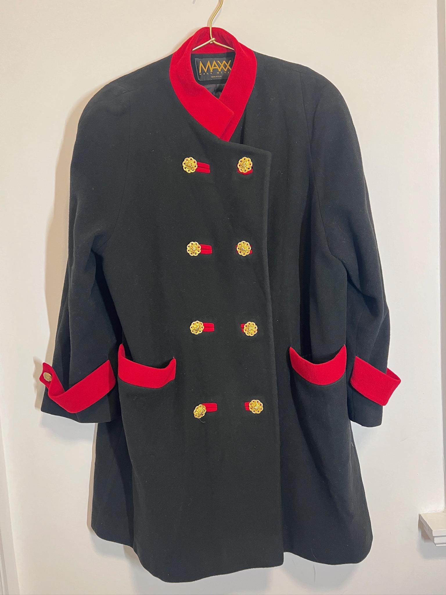Vintage Maxx Meren Long Wool Black Coat With Red/ Gold Trim Vintage Maxx Meren Long Wool Black Coat With Red/ Gold Trim