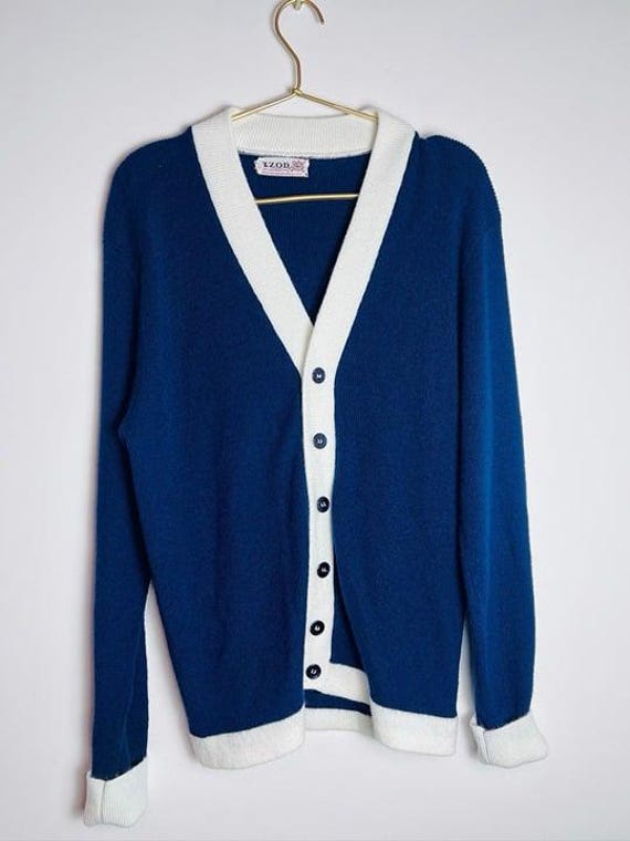 Vintage Izod Cardigan Sweater Blue White XL