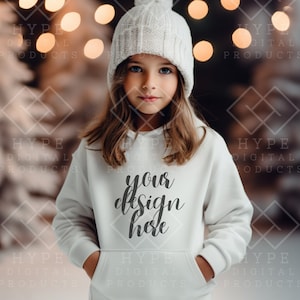 White Hoodie Girl Mockup, Gildan 18500B Kids Youth Mockup, Youth Sweatshirt Mock up Gildan Winter Mockup Kids Gildan Mock White Xmas Snow
