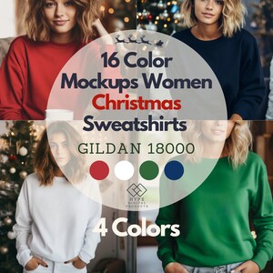 Christmas Color Women Sweatshirts Mockup,Female sweatshirts model, Gildan 18000, Xmas Mocks, 16 X-mas Colour Woman Tees Mock-ups Bundle