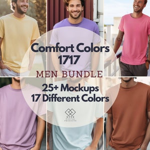 May include: A collage of photos showing different color t-shirts. The text "Comfort Colors 1717 MEN BUNDLE 25+ Mockups 17 Different Colors" is displayed on the image. The text "Hype Digital Products" is also displayed on the image.