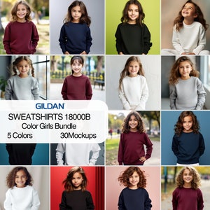 Gildan 18000B Kleur Meisjes Sweatshirt Mockup Kinder Hoodies Model, Gildan 18000B Jeugd Model Mock Up, 30 Kleuren Sweatshirts Mock-ups Bundel