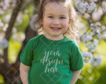 Maquette de chemise de couleur verte Kelly 3001T en toile Bella, maquette de t-shirt de couleur verte Modèle de t-shirt pour enfant, modèle pour toute-petite fille printemps