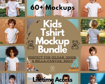 White Shirt Mockup kids t shirt model, Bella Canvas 3001Y, Gildan 5000B Youth Model Mock up, 60+ Kids T-shirts Mockup Mega Bundle Tees