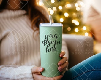 Skinny Tumbler Christmas Mockup, 20oz with Straw, Seafoam Color, POD Maars Tumbler, Print on Demand, Xmas Personalized Gift Mockup