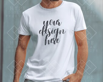 Male Model Blank White Shirt Mockup, Gildan Men Shirt Mock up, BC 3001 Mock, Manly Mockup, Tee Mockup, Male Mockup Model