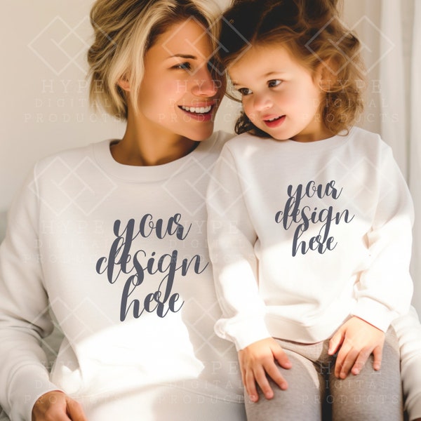 Mommy and Me Sweatshirt Mockup, White Gildan 18000 and 18000B,  Toddler White Sweatshirt Mockup, Mother and Girl Child Mockup