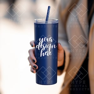 Skinny Tumbler Mockup, 20oz with Straw, Nautical Blue Color, POD Maars Tumbler, Print on Demand, Personalized Gift Mockup