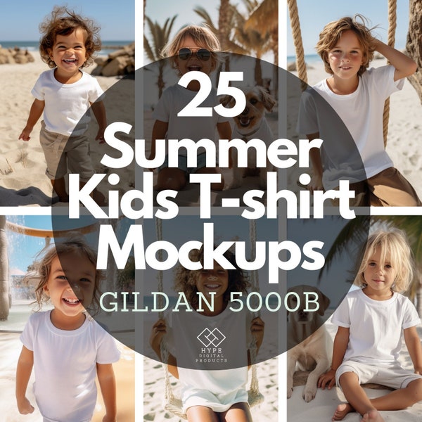 White Summer Shirt Mockup kids t shirt model, Bella Canvas 3001Y, Gildan 5000B Youth Model Mock up, 25 Kids T-shirts Mockup Mega Bundle Tees