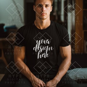 Male Model Black Shirt Mockup, Gildan Men Shirt Mock up, BC 3001 Mock, Manly Mockup, Tee Mockup, Male Mockup Model