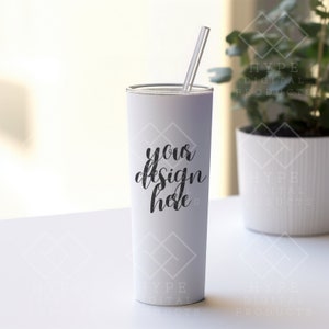 Skinny Tumbler Mockup, 20oz with Straw, White Color, POD Maars Tumbler, Print on Demand, Personalized Gift Mockup