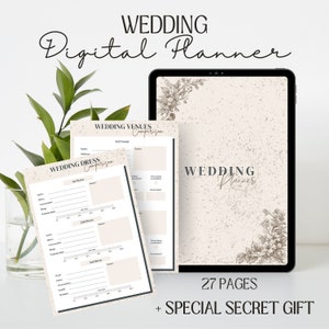 Einfacher Hochzeitsplaner, Minimal Digital Planner mit Kalender, Sandfarbe, Veranstaltungsort & Kleidervergleiche, Lieferantenkontakte, Aufgabenlisten, Budgets