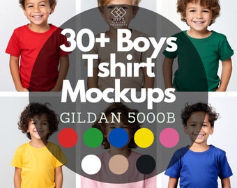 Maquette de t-shirt couleur pour garçon, modèle de t-shirt pour enfants Bella Canvas 3001Y, maquette de modèle Gildan 5000B pour jeune, plus de 30 maquettes de t-shirts couleur pour enfants